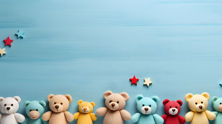 Lineup of colorful teddy bears on a light blue wooden background. Perfect for baby shower or nursery decor.の写真素材