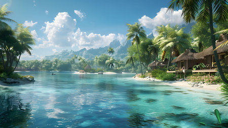Relaxing view of a tropical lagoon with overwater bungalows, palm trees, and crystal-clear turquoise waters.の写真素材