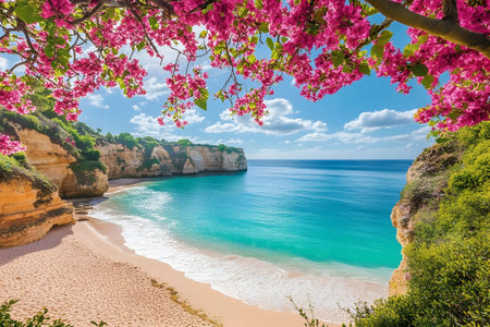 Stunning beach scene with pink flowers, clear turquoise water, and dramatic cliffs. Idyllic summer vacation spot.の写真素材