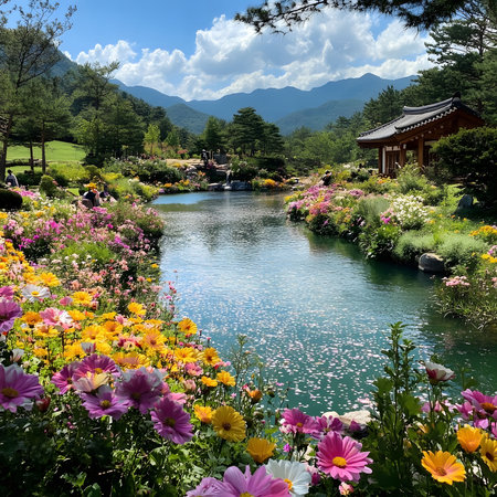 A picturesque lake nestled in mountains, surrounded by vibrant flowers in full bloom. Peaceful and serene atmosphere.の写真素材