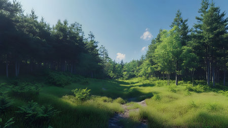 A sunlit meadow path winds through a vibrant green forest. Peaceful and serene, this idyllic woodland scene offers a sense of calm.の写真素材