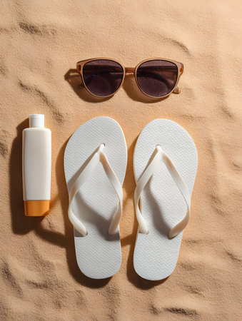 Summer essentials: flip-flops, sunglasses, and sunscreen on a sandy beach. Perfect vacation setup.の写真素材