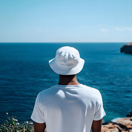 A man in a white hat and shirt stands with his back to the camera, gazing out at a vast, serene...