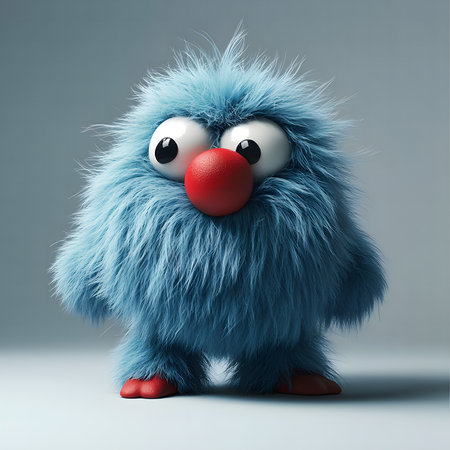 A charming 3D render of a fluffy blue monster with a bright red nose. It's playful and cuteの写真素材