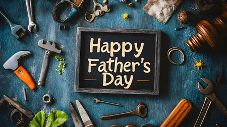 Happy Father's Day message on a chalkboard surrounded by various tools.の写真素材