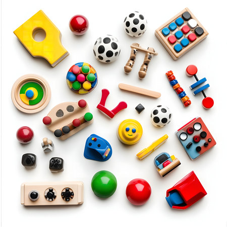A vibrant collection of colorful wooden toys, perfect for early childhood development and creative play.の写真素材