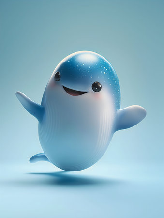 A cheerful 3D-rendered cartoon whale, smiling happily. Blue tones dominate.の写真素材
