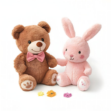 Two soft plush toys, a brown bear and a pink bunny, sitting together. Perfect gift!の写真素材