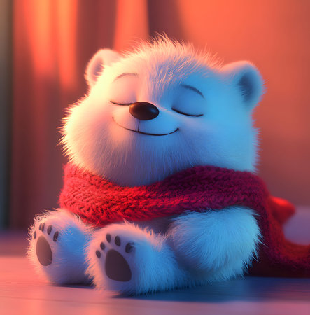 A charming 3D rendered image of a fluffy polar bear cub, wearing a cozy red knitted scarf. The cub looks content and peaceful.の写真素材