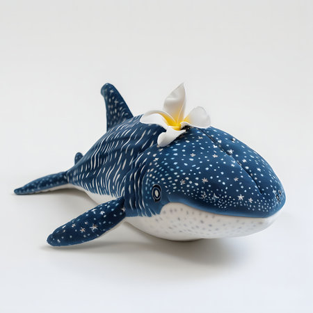 Adorable whale shark plush toy with a delicate plumeria flower.の写真素材