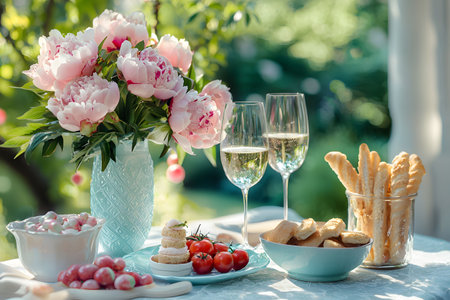 Pretty pink peonies and delicious treats at a summer garden brunch.の写真素材