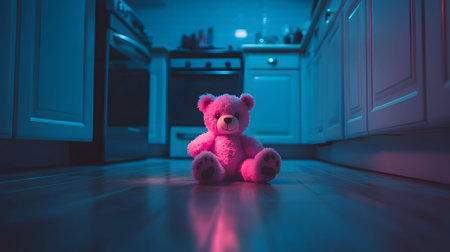 Pink teddy bear sits alone on kitchen floor, blue neon lights.の写真素材
