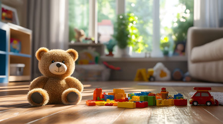A cute teddy bear sits on a wooden floor in a sunny playroom, surrounded by colorful building blocks and a toy car.の写真素材