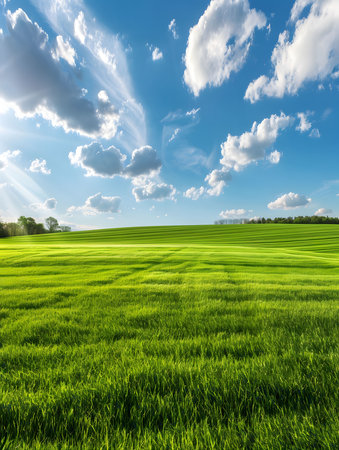 A breathtaking view of a vibrant green field under a stunning summer sky, filled with fluffy white clouds.の写真素材