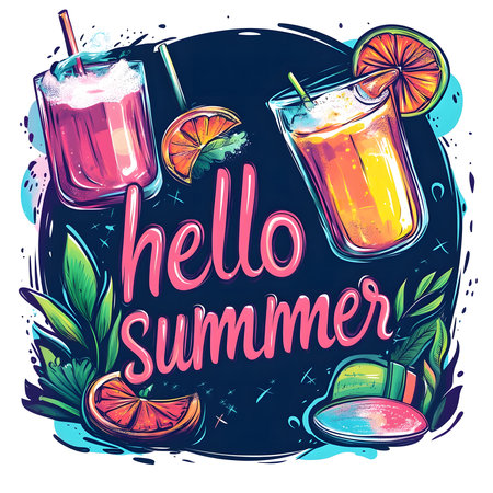 A vibrant illustration of summer cocktails with tropical elements. Perfect for summer promotional material.の写真素材