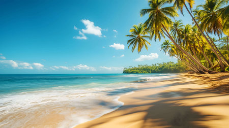 A stunning tropical beach with swaying palm trees, clear blue water and golden sand. Perfect summer getaway.の写真素材