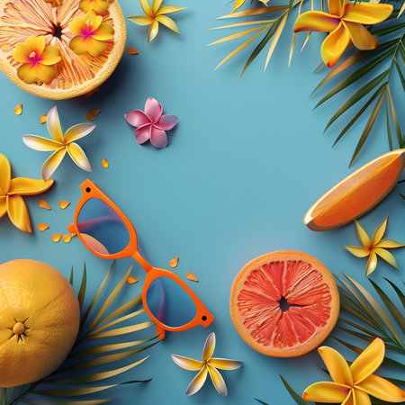 A vibrant summer scene with citrus fruits, tropical flowers and sunglasses.の写真素材