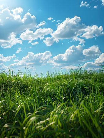 A vibrant green meadow bathed in sunlight, under a bright blue summer sky filled with fluffy white clouds.の写真素材