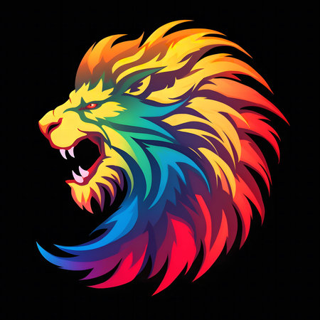 A striking image of a lion's head, rendered in vibrant rainbow hues. The mane is a burst of color, showing the power and beauty of this majestic creature.の写真素材
