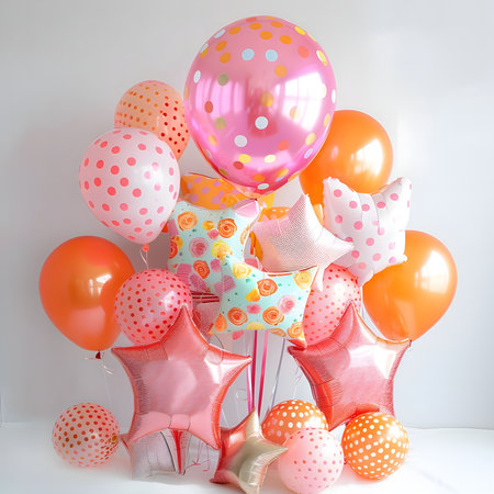 Pink and orange balloons with dots and flowers. Festive and joyful.の写真素材