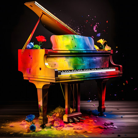 A vibrant grand piano painted in rainbow hues, surrounded by colorful powder and flowers.の写真素材