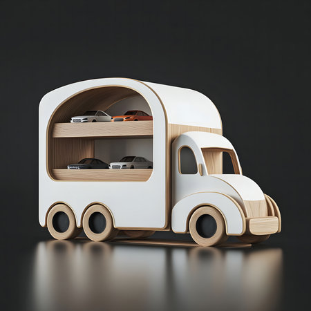 A charming white wooden toy truck carrying miniature cars. Perfect for play and imaginative games.の写真素材