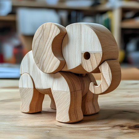 A charming wooden elephant figurine, handcrafted with meticulous detail. Its unique design and warm wood tones make it a beautiful addition to any space.の写真素材