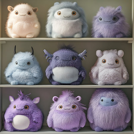 Eight delightful plush monsters in various pastel colors are displayed on shelves.の写真素材