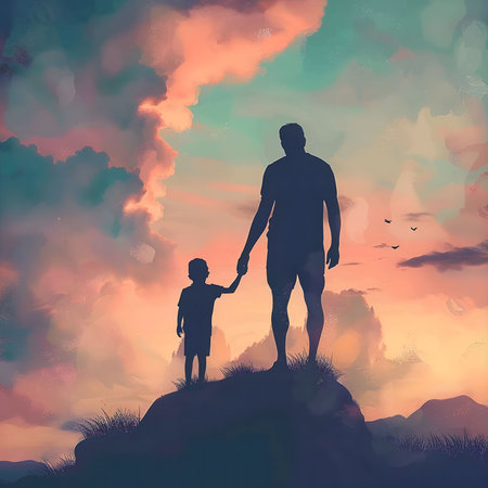 A silhouette of a father and son holding hands at sunset, symbolizing love, family, and togetherness.の写真素材