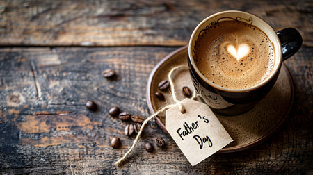 A steaming cup of coffee with a heart-shaped latte art sits on a rustic wooden table, adorned with a 'Father's Day' tag. Perfect for a heartwarming celebration.の写真素材