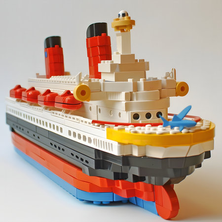 A detailed Lego replica of the Queen Mary ocean liner. A miniature model of a famous ship.の写真素材