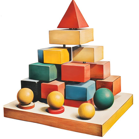 A vibrant pyramid structure made of colorful blocks and spheres, showcasing a playful and artistic composition.の写真素材