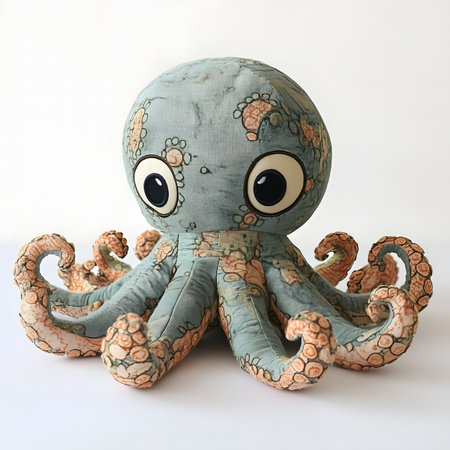Adorable plush octopus toy, perfect for kids or home decor. Features a unique fabric design.の写真素材