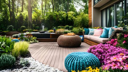 Stunning backyard with colorful flowers, modern deck, comfortable seating, and a tranquil fountain.の写真素材