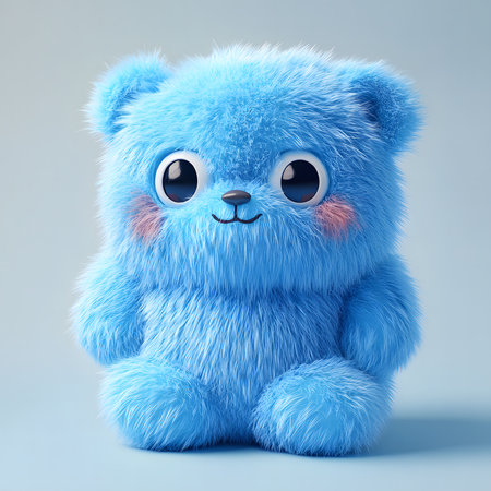 A charming blue plush teddy bear sitting on a light blue background. The teddy is adorable and...