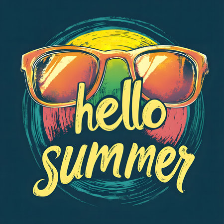 Summer themed graphic design featuring sunglasses and the text 'Hello Summer'.の写真素材