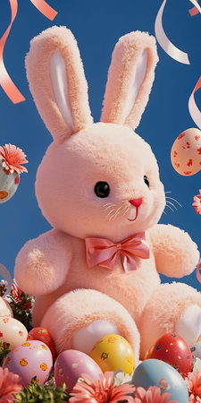 A charming plush Easter bunny sits amongst pastel eggs and flowers, creating a festive and heartwarming scene.の写真素材