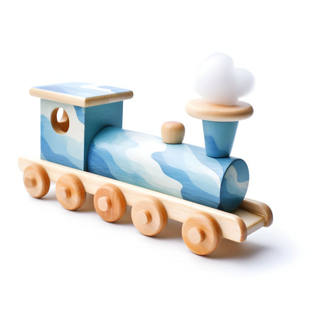 A delightful blue wooden toy train, perfect for imaginative play. Its charming design and craftsmanship make it a cherished keepsake.の写真素材