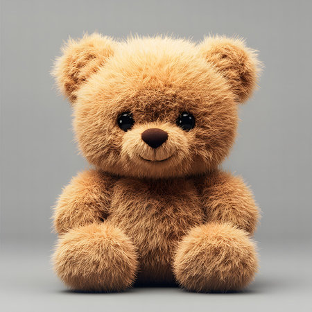 A charming fluffy brown teddy bear, sitting against a neutral background. It evokes feelings of warmth, comfort, and childhood memories.の写真素材