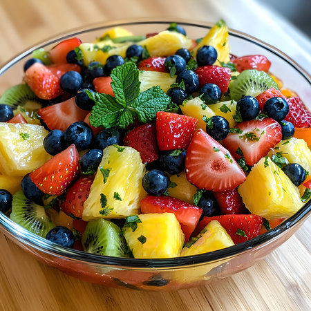 A vibrant fruit salad featuring pineapple, strawberries, blueberries, kiwi, and fresh mint. Perfect summer treat!の写真素材