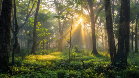 Sun rays pierce through the mist of a lush forest, creating a magical atmosphere.の写真素材
