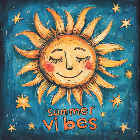 Smiling sun, starry night, summer vibes. Cheerful artwork.の写真素材