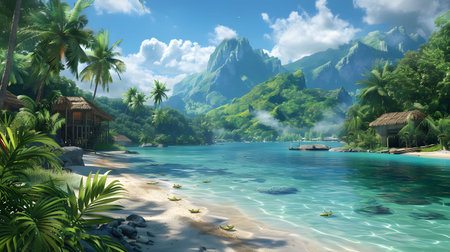 Stunning tropical beach with palm trees, crystal clear water, and majestic mountains in background. Perfect for summer vacationの写真素材