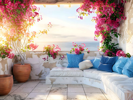 Peaceful Mediterranean balcony scene. Bougainvillea blooms frame a stunning sea view. Relaxing sofa invites tranquility.の写真素材