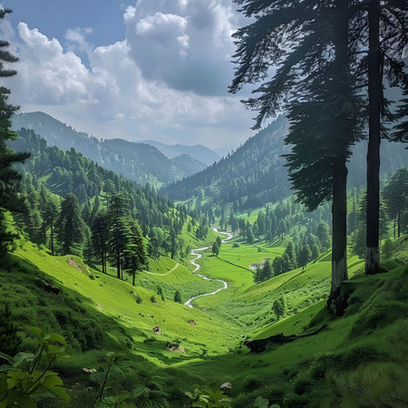 A stunning panorama of a lush green valley with a meandering river. The scene is peaceful and tranquil, perfect for nature lovers.の写真素材