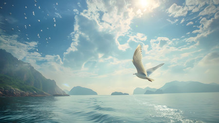A majestic seagull takes flight over a breathtaking coastal landscape. The serene ocean reflects the bright sky.の写真素材