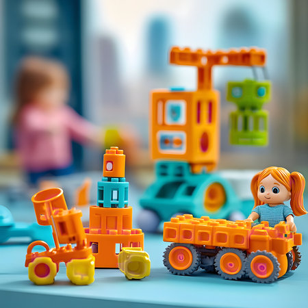 A playful girl interacts with bright orange and teal construction blocks and vehiclesの写真素材