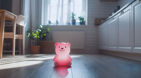 A pink teddy bear night light sits on a wooden floor in a modern kitchen, bathed in sunlight.の写真素材