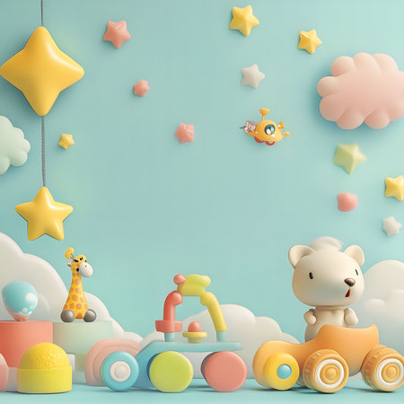 A charming 3D render of cute baby toys in a pastel-colored nursery setting. Perfect for children's room decor.の写真素材