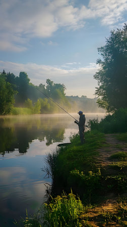 A lone angler enjoys the tranquil dawn by a misty river. Serenity and peace in nature.の写真素材